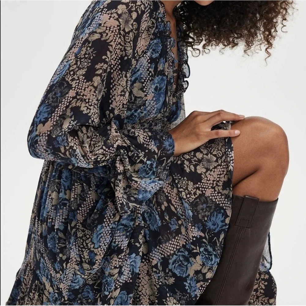 Free People Lena SOLD OUT Floral Swing Midi Dress Boho Peasant Fairy Flowy Sz XS - Picture 2 of 11